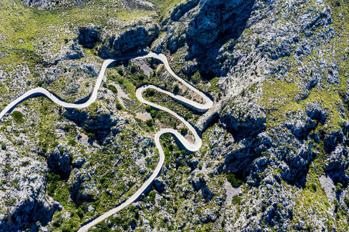 Aerial view, serpentine road MA-2141 to Sa Calobra, Serra de Tramuntana, Mallorca, Balearic Islands, Spain,