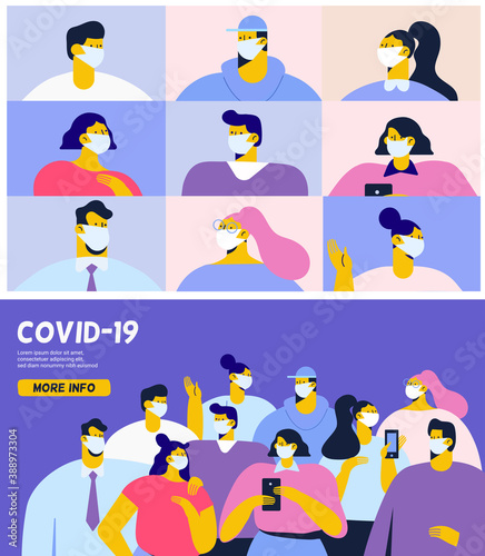 COVID-19. Coronavirus epidemic. Crowd of people wearing medical masks protecting themselves from the virus. Flat Vector illustration