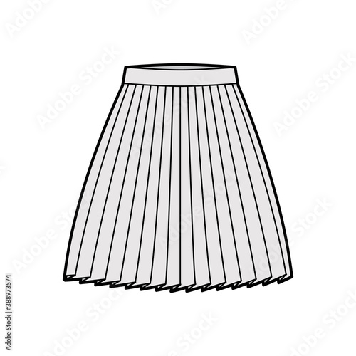 Skirt pleat technical fashion illustration with above-the-knee silhouette, circular fullness, thick waistband. Flat bottom template front, grey color style. Women, men, unisex CAD mockup