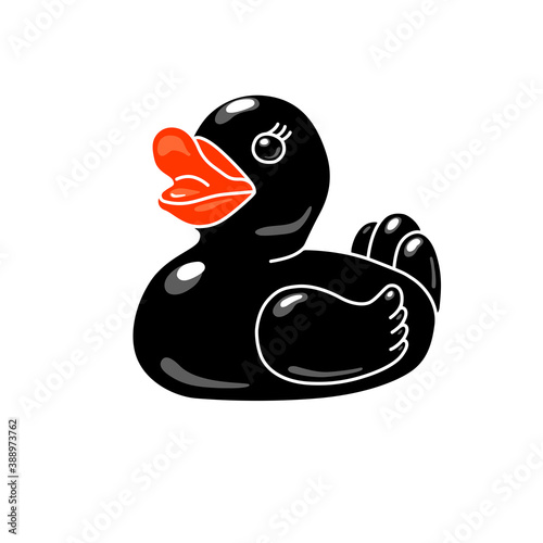 Classic black rubber duck with red beak isolated on white background. Cartoon character. Toy animal. Design element for logo, card, t-shirt print, invitation, accessories. Stock vector illustration