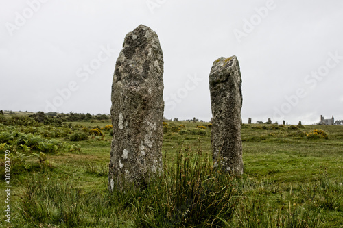 "The Pipers" standing stones on Bodmin Moor near Minions, Cornwall, England, UK.