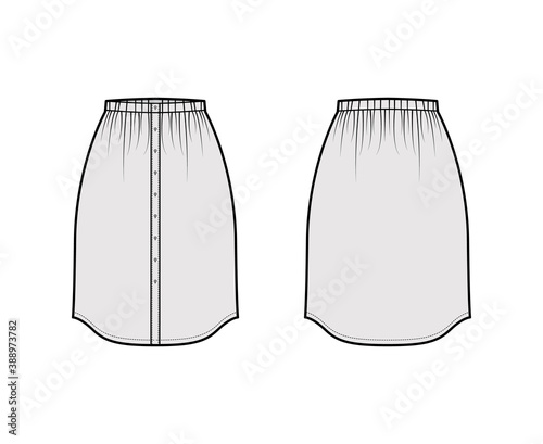 Skirt button down dirndl technical fashion illustration with straight knee silhouette, pencil fullness. Flat bottom template front, back, grey color style. Women, men, unisex CAD mockup