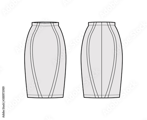 Skirt sheath technical fashion illustration with straight semi fitted knee silhouette, pencil fullness, thin waistband. Flat bottom template front, back, grey color style. Women, men unisex CAD mockup