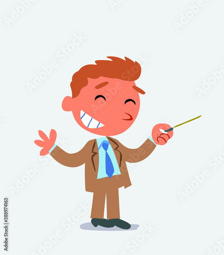 cartoon character of businessman says something funny while pointing to the side with a pointer.