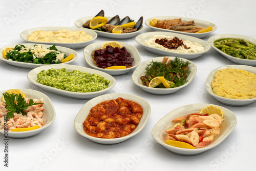 Turkish food appetizers isolated on white background, top view.