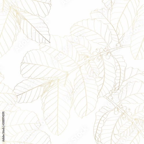 Coffee tree seamless pattern, branch of coffee tree in golden line on white background, vintage style.