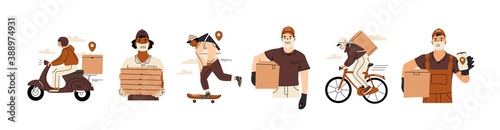 Delivery men wearing face Masks and holding a delivery boxes. Couriers with parcels riding various vehicles. Safe Delivery service concept. Big set of Hand drawn trendy Vector illustrations