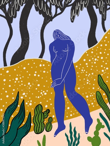 Blue nude woman taking a walk