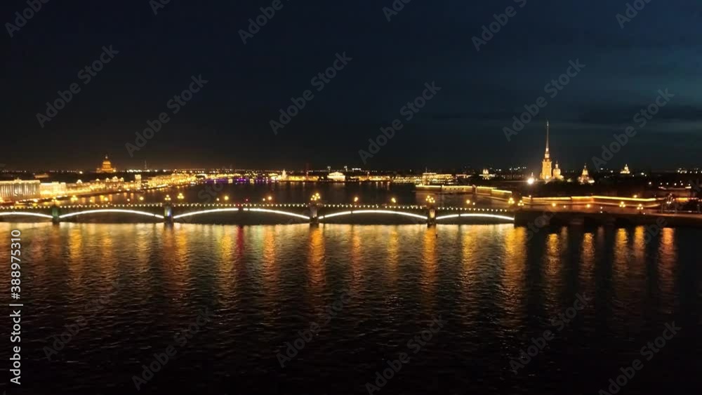 Aerial panoramic view of Neva river and city at night in Saint Petersburg, Russia Aerial panoramic view of Neva river and city at night in Saint Petersburg, Russia