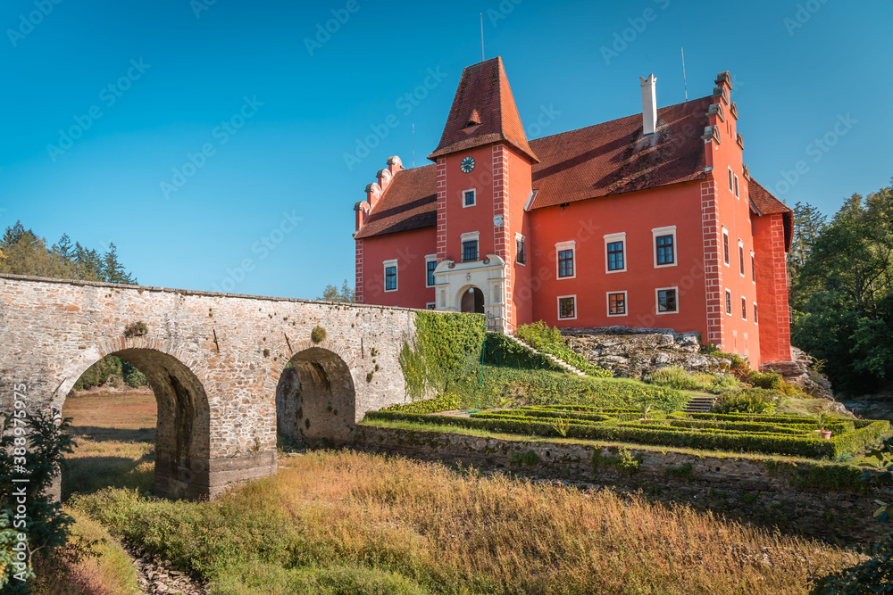 Red water chateau Cervena Lhota in Southern Bohemia, Czech Republic.Summer weather without clouds. Castle without water due to dam failure in 2019.
