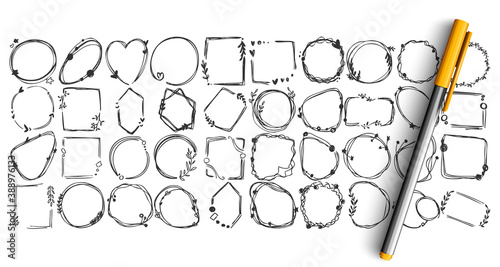 Geometric figures doodle set. Collection of pen pencil ink hand drawn sketches templates patterns different shape round square heart rhombus elements isolated in lines. Geometry symbol illustration.