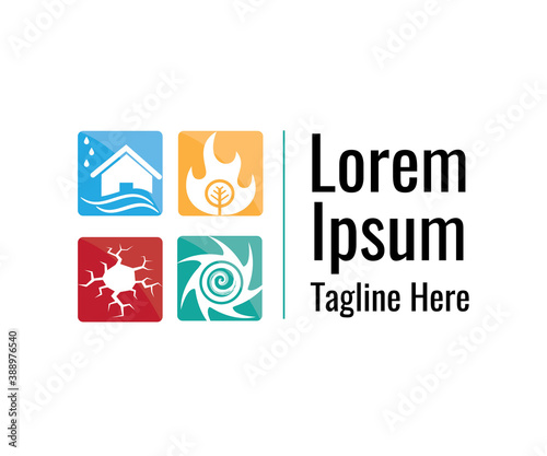 Various natural disaster management icon based logo vector illustration with dummy text, for NGO or non-governmental organization industry.