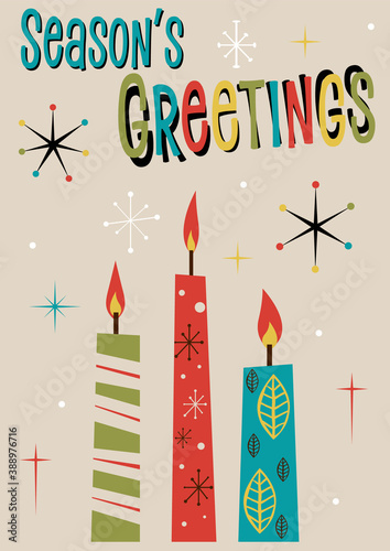Season's Greetings, Mid Century Modern Christmas Postcards Style Illustration, Candles, Snowflakes, Vintage Colors