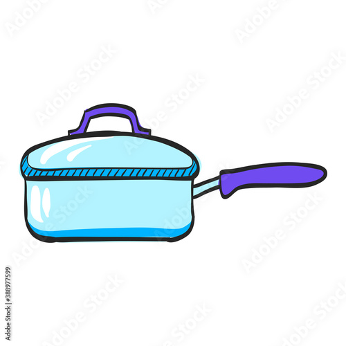 Cooking pan icon in color drawing. Food restaurant chef utensil boiling hot saucepan