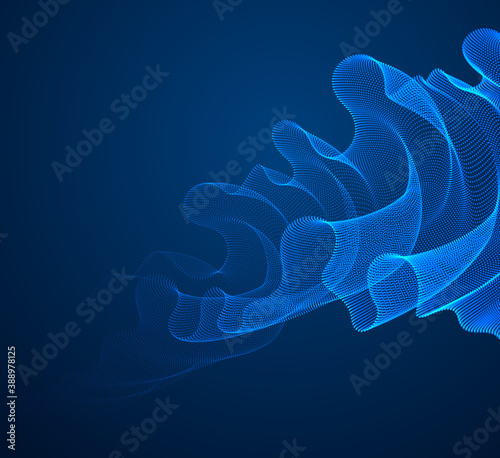 Vector abstract background with magic wave of flowing particles over dark, smooth curve shape lines, transparent tulle textile on wind. 3d shape dots magic blended mesh.