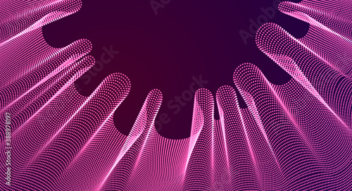 3d magic particles mesh array over dark, sound wave flowing, transparent tulle textile on wind. Round points vector effect illustration. Blended mesh, calming relaxing wallpaper.
