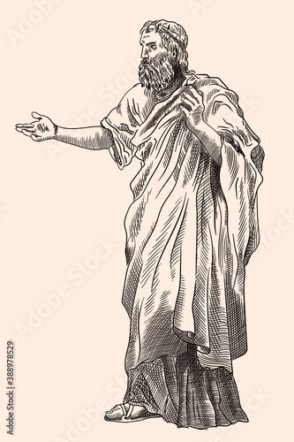 An old man with a beard in ancient Greek clothes stands and gestures. Imitation of antique engraving.