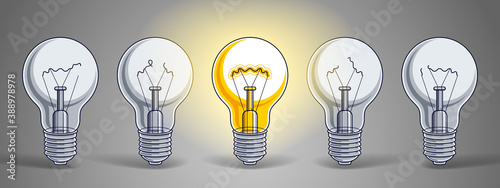 Idea concept, think different, light bulbs group vector illustration with single one is shining, creative inspiration, be special, leadership.