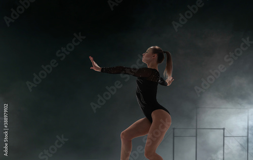 Female gymnast doing a complicated trick in a professional arena. © VIAR PRO studio