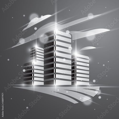 Futuristic building, modern style vector architecture illustration with blurred lights and glares effect. Real estate realty business center grey monochrome design. 3D business office facade in city.