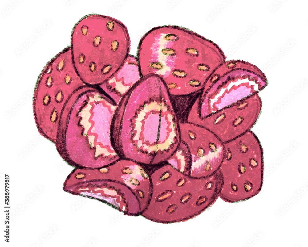 delicious juicy strawberry illustration. oil pastel texture. healthy pink berries. vitamin charge. Hand drawn delicious juicy strawberry illustration. oil pastel texture. healthy pink berries. vitamin charge. Hand drawn
