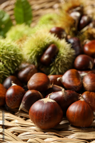 Fresh sweet edible chestnuts on wicker mat, closeup