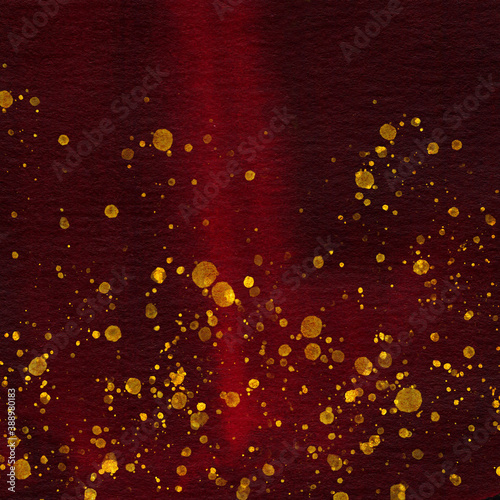 Maroon texture and Golden watercolor drops. Colourful abstract background