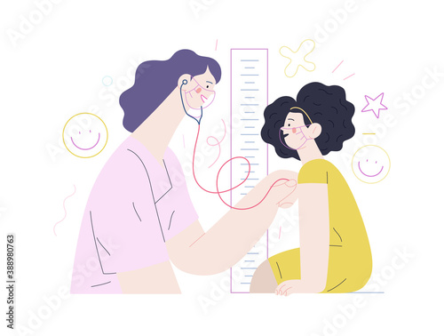 Pediatrics - medical insurance -modern flat vector concept digital illustration - female pediatrician carrying out the auscultation of a little girl with a stethoscope, medical office or laboratory