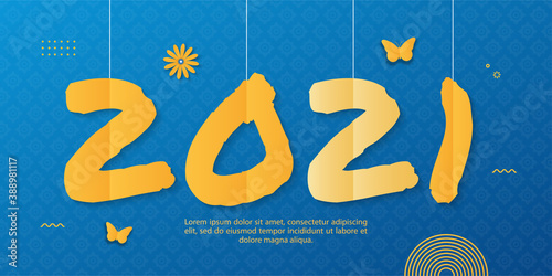 Happy new year 2021 on blue background in paper cut style photo