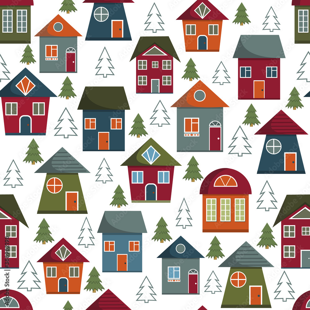 Pattern with the image of multi-colored houses and Christmas trees on a white background, color vector illustration, print, texture, textiles, design, decoration, background, Wallpaper