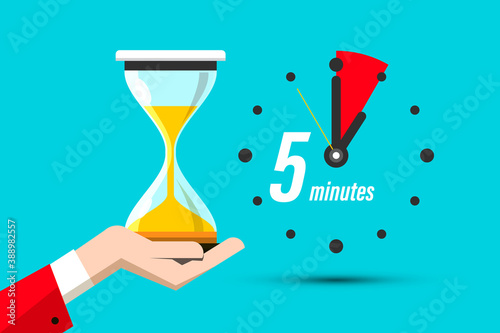 Five Minutes Clock Icon with Hourglass in Hand