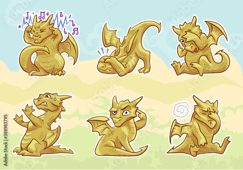 cute golden dragon stickers set, emotions and activities
