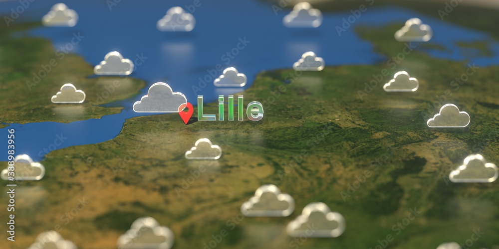 Lille city and cloudy weather icon on the map, weather forecast related 3D rendering Lille city and cloudy weather icon on the map, weather forecast related 3D rendering