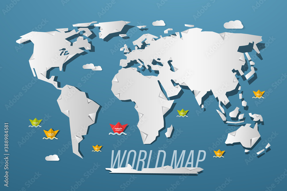 Fototapeta World Map Paper Cut Vector Cartoon