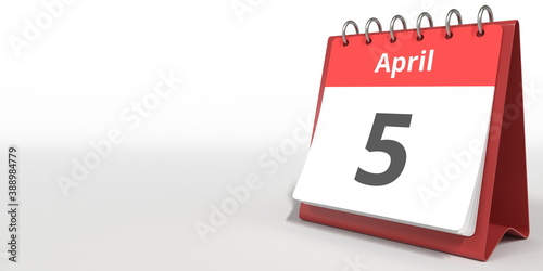 April 5 date on the flip calendar page, 3d rendering