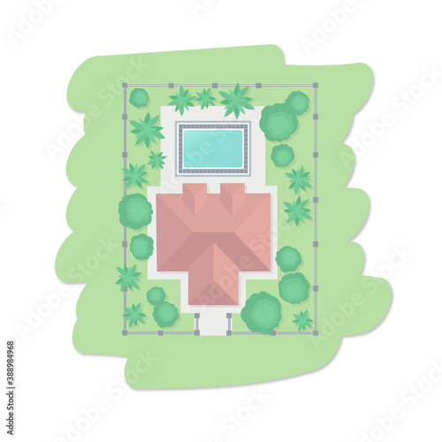 Top view oh house roof and yard with pool, aerial view of property illustration, trees building and fence vector