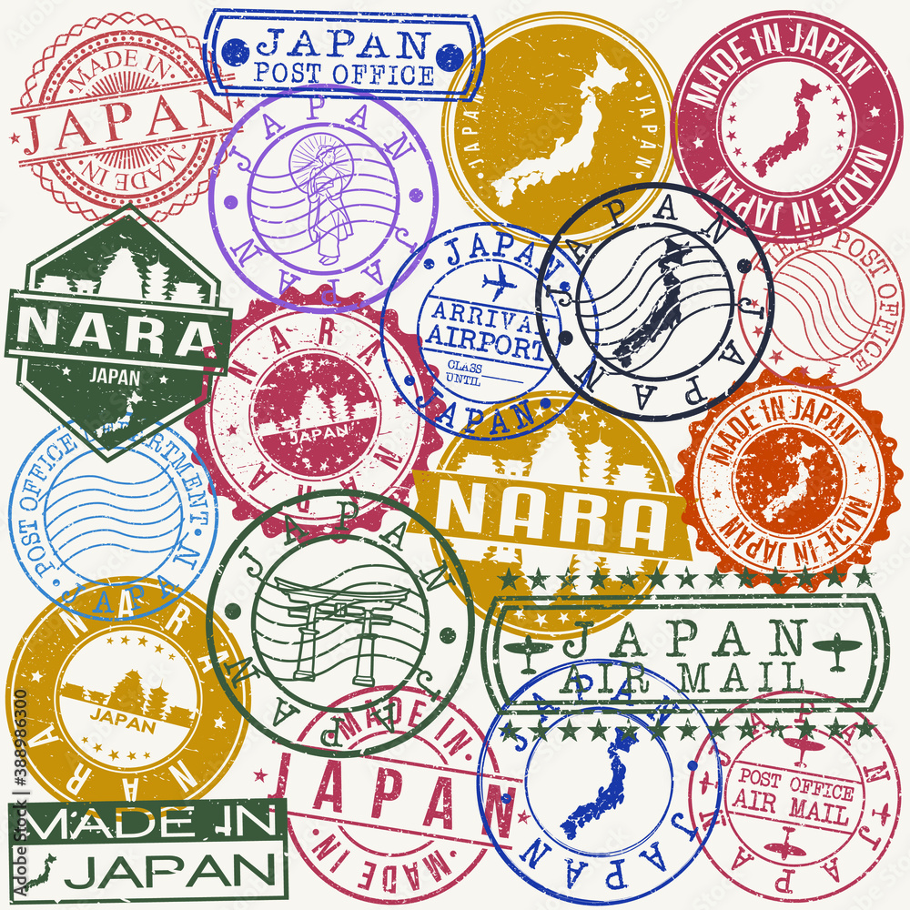 Nara Japan. Set of Stamps. Travel Stamp. Made In Product. Design Seals Old Style Insignia.