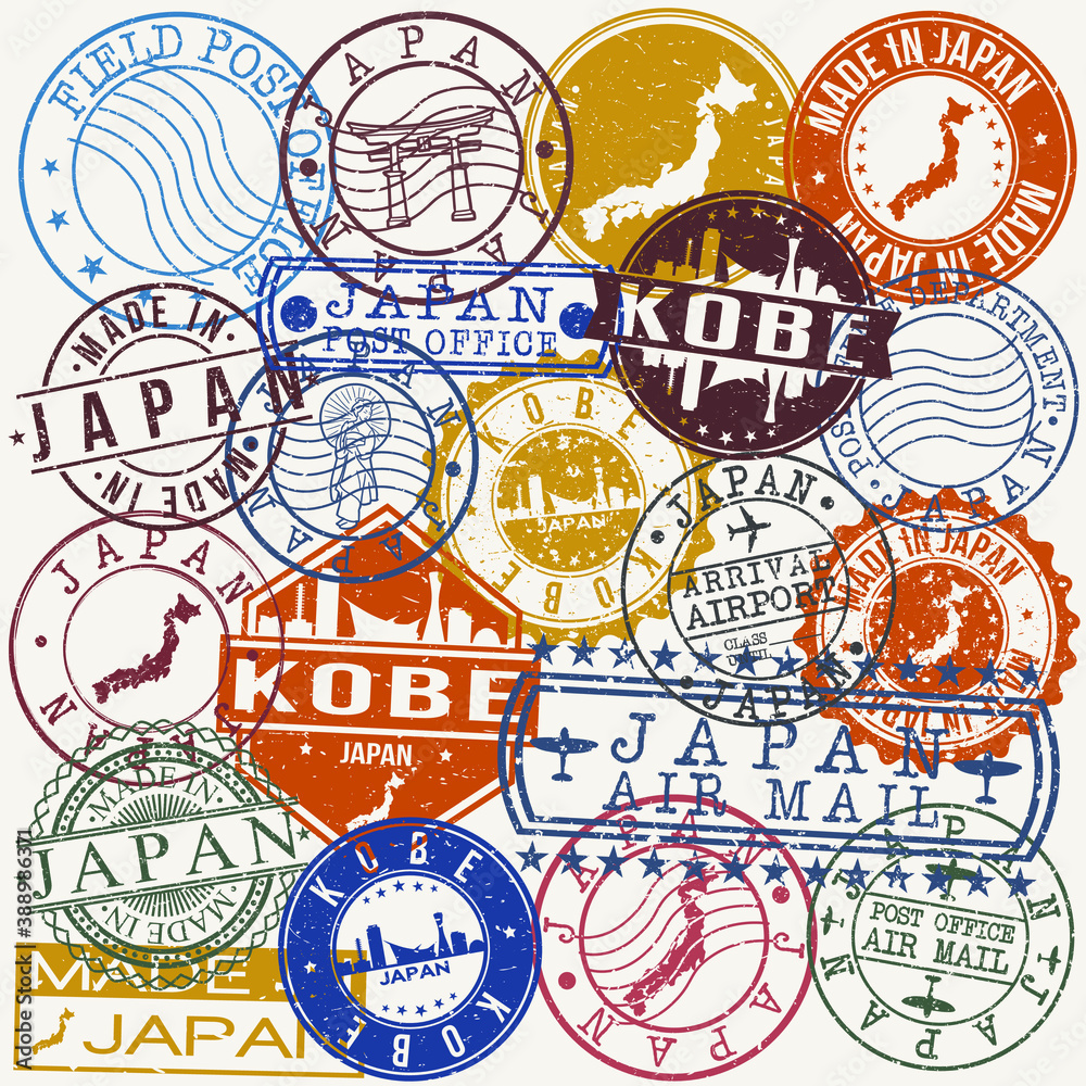 Kobe Japan Set of Stamps. Travel Stamp. Made In Product. Design Seals Old Style Insignia.