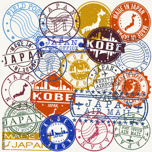 Kobe Japan Set of Stamps. Travel Stamp. Made In Product. Design Seals Old Style Insignia.