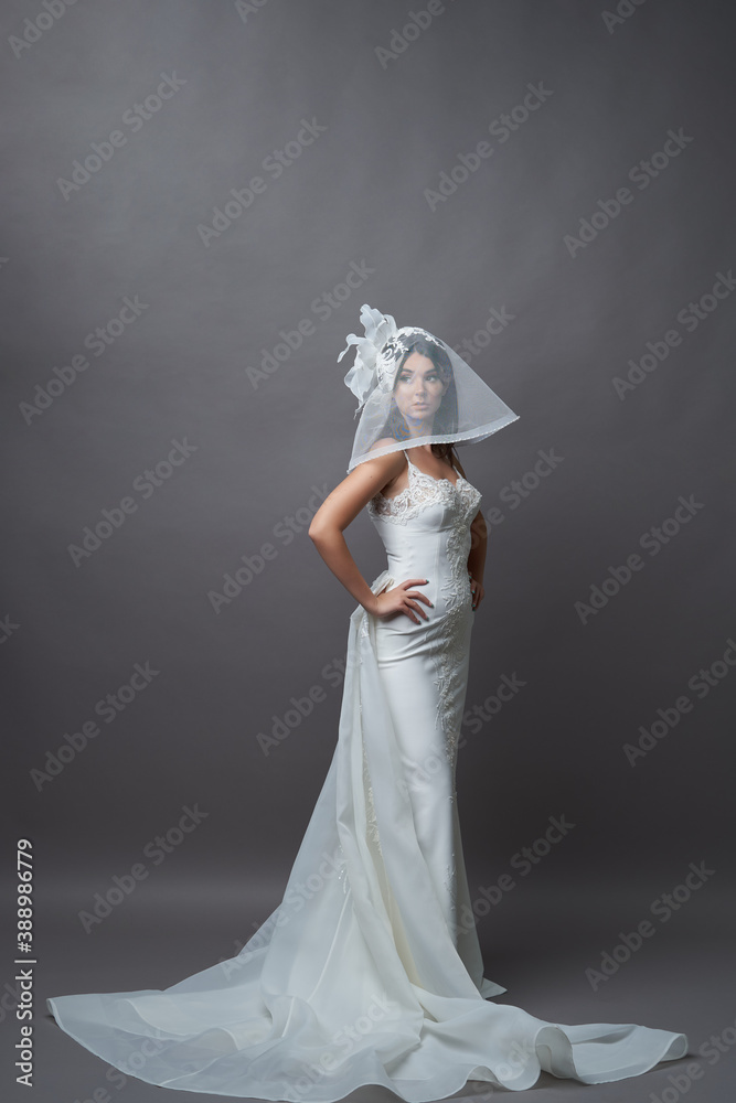 Naklejka premium Portrait of beautiful young bride wedding dress