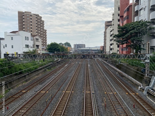 Six railroad tracks of East Japan Railway Company taken in Saitama City, Saitama Prefecture, Japan.