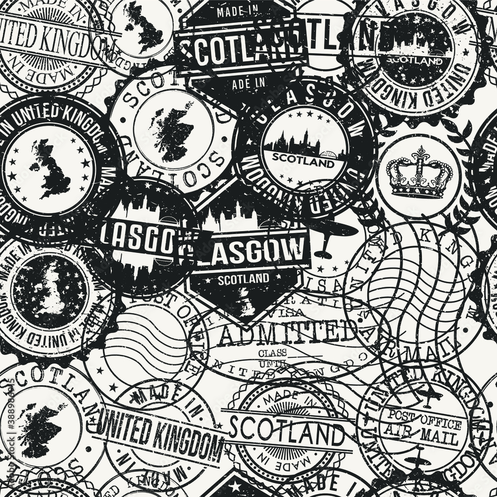 Glasgow, UK Stamps Background. A City Stamp Vector Art. Set of Postal Passport Travel. Design Set Pattern.