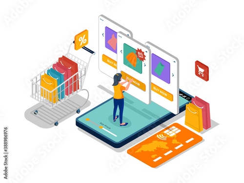 Woman push buy button in online shop at mobile phone. Isometric ecommerce illustration template with character. Vector