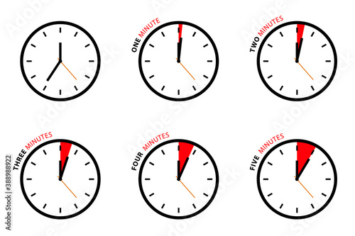 Vector Clock Set Isolated on White Background - One, Two, Three, Four, Five Minutes Icons