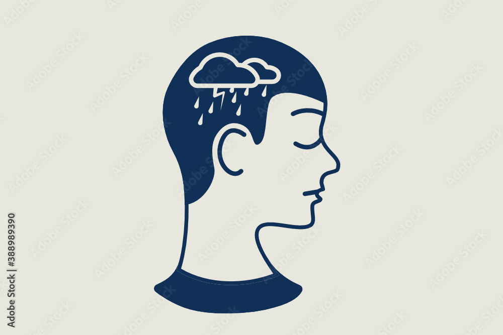 Feeling depressed vector illustration. Raining in the head of a person. Conceptual line art illustration icon. Simple cartoon on a neutral background. Vector.