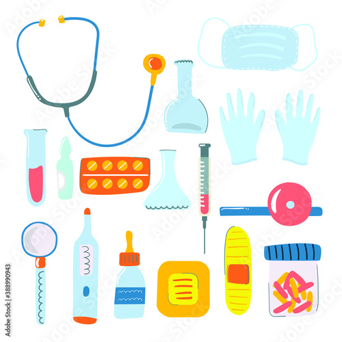 Set of hand drawn medical tools. Flat illustration.