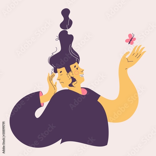 Bipolar disorder vector illustration. Woman with two faces. One is happy, another onw is deeply sad. Isolated on beige background concept character