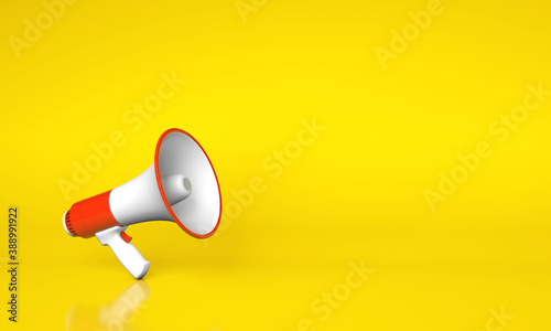 Red megaphone loudspeaker on a yellow background. Copy space for text. 3d render