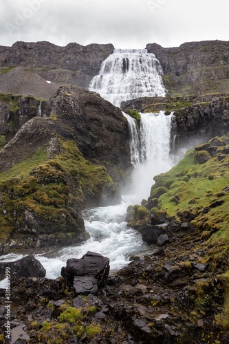 Majestic Dynjandi  Fjallfoss  and Haestahjallafoss waterfall with a cascade of smaller falls in Iceland