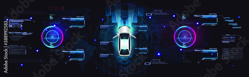 Car interface in HUD, GUI, UI style. Electronic vehicle control system. Car top view with electronic digital interface, parameters and options. Concept car vector